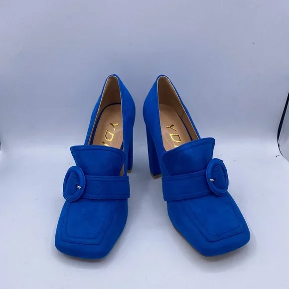 YDN Blue Suede Chunky High Heel Square Toe Loafer Buckle Office Pumps - Picture 2 of 11